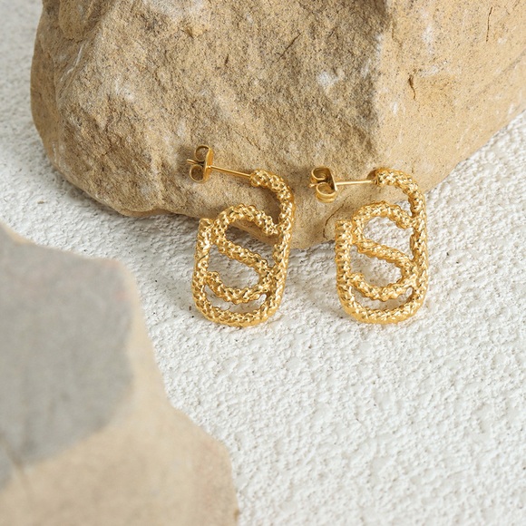 18K Gold Plated Hoop Earrings*Letter S Earrings*Rectangular Earrings*Unique Hoop - Picture 6 of 7